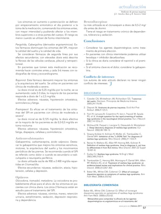 actualización
Síndrome de piernas inquietas
J.C. Sánchez Ruiz y B. Navarro Vidal

Los síntomas en aumento o potenciación se definen
por empeoramiento sintomático el día posterior a la
toma de la medicación, comenzando los síntomas antes,
con mayor intensidad y pudiendo afectar a los miembros superiores o a otras partes del cuerpo. El riesgo es
menor cuando se utilizan de forma intermitente.
Pergolida, Cabergolina (derivados ergotamínicos). Estos fármacos disminuyen los síntomas del SPI, mejoran
la calidad del sueño y la calidad de vida.
Se consideran fármacos de segunda línea por sus
efectos secundarios; con elevadas dosis está descrita
la fibrosis de las válvulas cardíacas, pleural y retroperitoneal.
En pacientes que tomen esta medicación se recomienda hacer controles antes y cada 3-6 meses con radiografías de tórax y ecocardiograma.
Ropinirol. Este fármaco demostró mejorar los síntomas
y la arquitectura del sueño. Se utiliza en pacientes con
clínica de moderada a severa.
La dosis inicial es de 0,25 mg/día por la noche; se va
aumentando cada 2-3 días, la mayoría de los pacientes
responde a dosis de 1 a 2,5 mg/día.
Efectos adversos: náuseas, hipotensión ortostática,
somnolencia y fatiga.
Pramipexol. Es eficaz en el tratamiento de los síntomas del SPI en pacientes con clínica de moderada a
severa9.
La dosis inicial es de 0,125 mg/día; la dosis efectiva
en la mayoría de los pacientes es de 0,3-0,5 mg/día en
toma nocturna.
Efectos adversos: náuseas, hipotensión ortostática,
fatiga, dispepsia, cefaleas y somnolencia.

Anticonvulsionantes
Gabapentina, carbamacepina, ácido valproico. Destacar la gabapentina que mejora los síntomas sensitivos,
motores, la arquitectura del sueño y los movimientos
periódicos de las piernas. Se recomienda cuando el SPI
es referido como dolor o cuando es secundario a radiculopatía o neuropatía periférica.
La dosis utilizada oscila de 900 a 2.400 mg/día repartidas en 3 tomas/día.
Efectos secundarios: náuseas, sedación, ataxia, hipotensión, cefalea y depresión.

Benzodiacepinas
La más utilizada es el clonazepam a dosis de 0,5-2 mg/
día antes de dormir.
Tiene el riesgo en tratamiento crónico de dependencia, tolerancia y sedación.

Conclusiones
– 	Considerar los agentes dopaminérgicos como tratamiento de primera elección.
– 	En pacientes con clínica intermitente podemos utilizar
levodopa + inhibidor decarboxilasa.
– 	Si la clínica es diaria considerar el ropinirol o el pramipexol.
– 	Si el síntoma clave es el dolor, considerar la gabapentina.

Conflicto de intereses
Los autores de este artículo declaran no tener ningún
conflicto de intereses.

J

BIBLIOGRAFÍA
1.	 Czeisler CA, Winkelman JW, Richardson GS. Trastornos
del sueño. Harrison. Principios de Medicina Interna.
2005;24:176-85.
2.	 Deprati M. Síndrome de piernas inquietas. Evid Act Prat
Ambul. 2006;9:123-5.
3.	 Ferri R, Lanuzza B, Cosentino FI, Iero I, Tripodi M, Spada
RS, et al. A single question for the rapid screening of restless
legs syndrome in the neurological clinical practice. Eur J Neurol.
2007;14:1016-21.
4.	 Michaud M, Paquet J, Lavigne G, Desautels A, Montplaisir
J. Sleep laboratory diagnosis of restless legs syndrome. Eur
Neurol. 2002;48:108-13.
5.	 Stiasny-Kolster K, Kohnen R, Moller JC, Trenkwalder C,
Oertel WH. Validation of the “L-DOPA Test” for diagnosis of
restless legs syndrome. Mov Disord. 2006;21:1333-9.
6.	 Benes H, Walters AS, Allen RP, Hening WA, Kohnen R.
Definition of restless legs syndrome. How to diagnose it, ant how
to differentiate it from RLS mimics. Mov Disord. 2007;22 Suppl

18:401-8.

7.	 Earley CJ. Restless legs syndrome. N Engl J Med.
2003;348:2103-9.
8.	 Trenkwalder C, Hening WA, Montagna P, Oertel WH, Allen
RP, Walters AS, et al. Treatment of restless legs syndrome: an
evidence-based review and implications for clinical practice. Mov
Disord. 2008;23:2267-302.
9.	 Baker WL, White CM, Coleman CI. Effect of nonergot

dopamine agonists on symptoms of restless legs syndrome. Ann

Opiáceos
Oxicodona, tramadol, metadona. La oxicodona es probablemente eficaz para el alivio de los síntomas en pacientes con clínica diaria. Los otros 2 fármacos están en
estudio para el tratamiento del SPI.
Efectos adversos: náuseas, vómitos, mareo, retención
urinaria, estreñimiento, sedación, depresión respiratoria y dependencia.

Fam Med. 2008;6:253-62.

BIBLIOGRAFÍA COMENTADA
Baker WL, White CM, Coleman CI. Effect of nonergot
dopamine agonists on symptoms of restless legs syndrome.
Ann Fam Med. 2008;6:253-62.
Metaanálisis para comprobar la eficacia de los agentes
dopanimérgicos no ergotamínicos en el tratamiento del
www.jano.es | febrero 2011

01-act0272Sindrome.indd 57

57

4/2/11 15:54:15

 