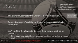 Step 1
• The player must master the universal moves in isolation.
• Depending on age/level the positional techniques can also be
introduced.
• You’re asking the players to do something they cannot, so be
patient!
• Every player learns at different speed, comparisons are useless at novice
levels
Key coaching points:
Exaggerate movement
Change of pace and direction
Master every move both ways
Homework!
 