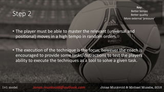 Step 2
• The player must be able to master the relevant (universal and
positional) moves in a high tempo in random orders.
• The execution of the technique is the focus, however the coach is
encouraged to provide some tasks/distractions to test the players
ability to execute the techniques as a tool to solve a given task.
Key:
Better tempo
Better quality
More external ‘pressure’
 