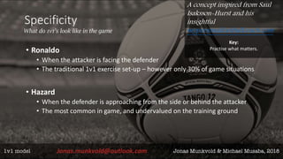 Specificity
What do 1v1’s look like in the game
• Ronaldo
• When the attacker is facing the defender
• The traditional 1v1 exercise set-up – however only 30% of game situations
• Hazard
• When the defender is approaching from the side or behind the attacker
• The most common in game, and undervalued on the training ground
Key:
Practise what matters.
A concept inspired from Saul
Isaksson-Hurst and his
insightful
mypersonalfootballcoach.com
 