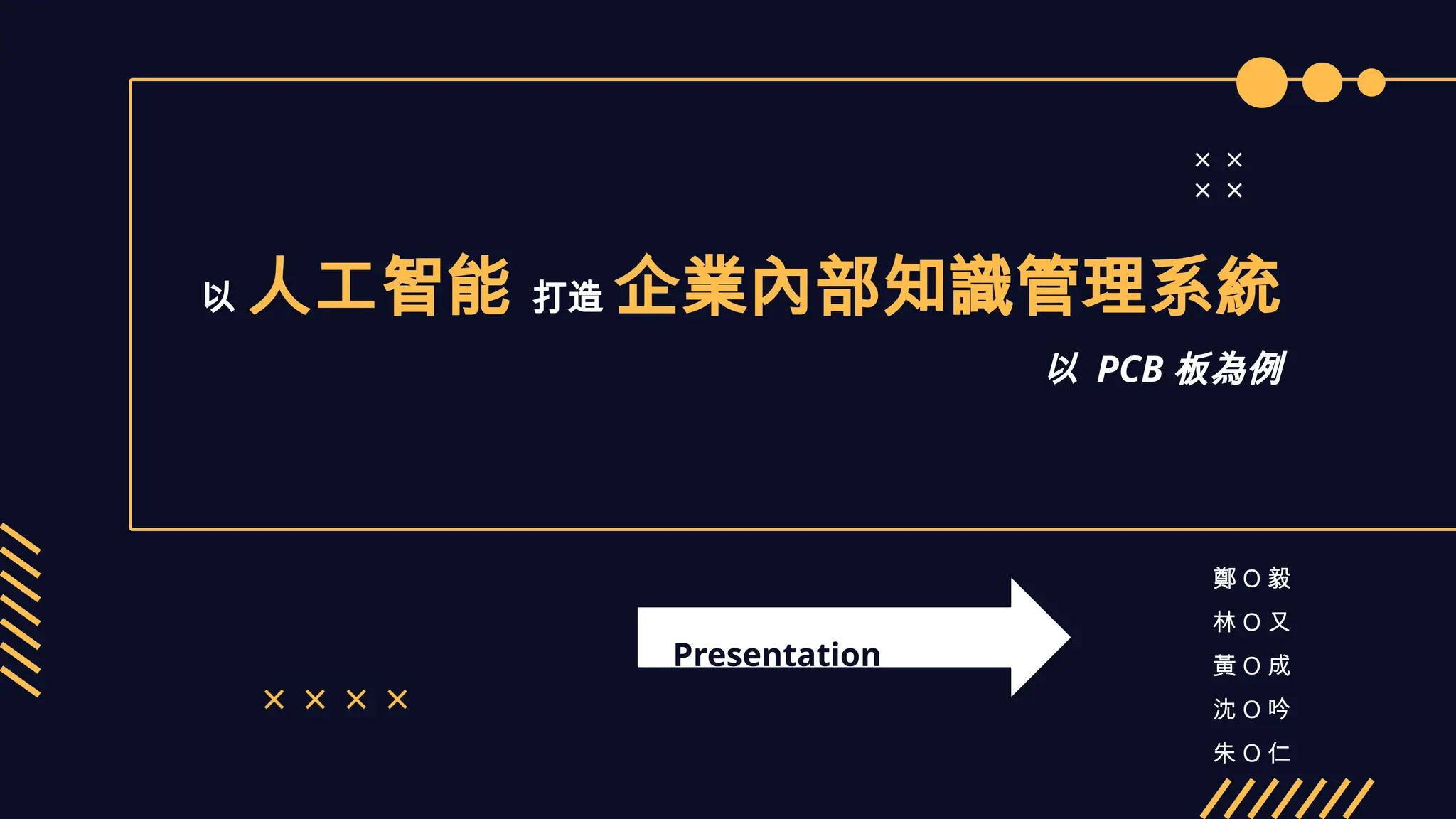以 人工智能 打造 企業內部知識管理系統
以 PCB 板為例
Presentation
鄭 O 毅
林 O 又
黃 O 成
沈 O 吟
朱 O 仁
 
