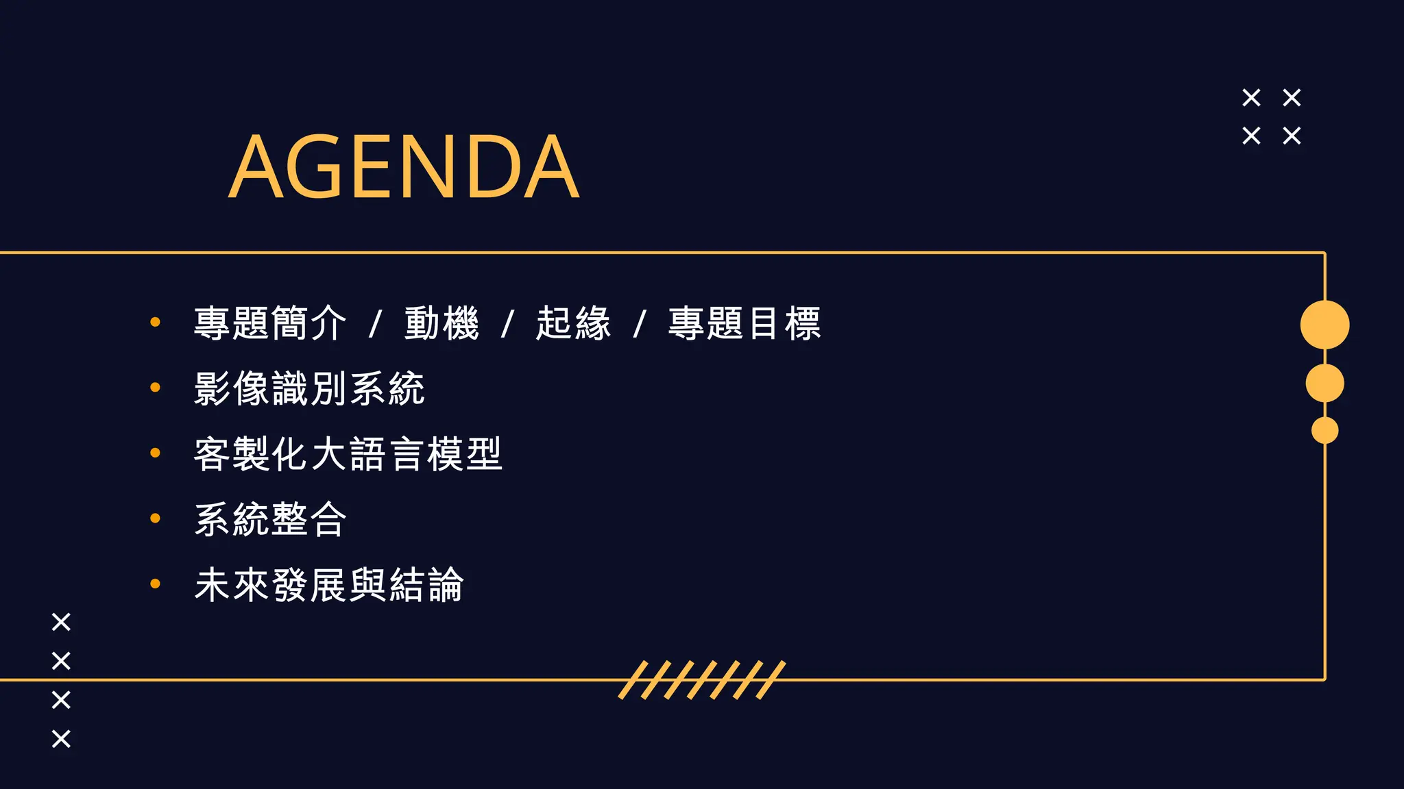 AGENDA
• 專題簡介 / 動機 / 起緣 / 專題目標
• 影像識別系統
• 客製化大語言模型
• 系統整合
• 未來發展與結論
 