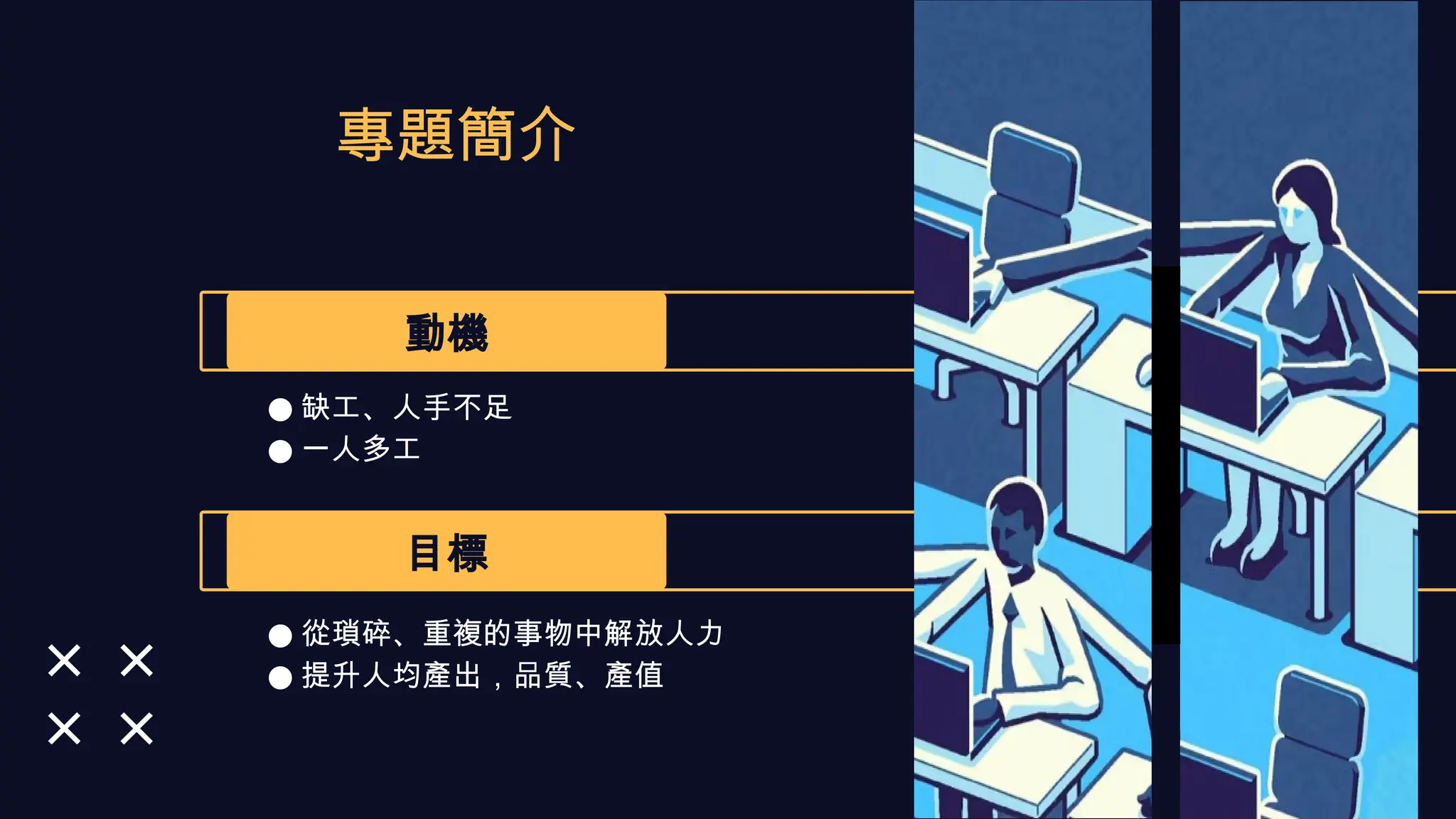 動機
目標
專題簡介
● 從瑣碎、重複的事物中解放人力
● 提升人均產出，品質、產值
● 缺工、人手不足
● 一人多工
 