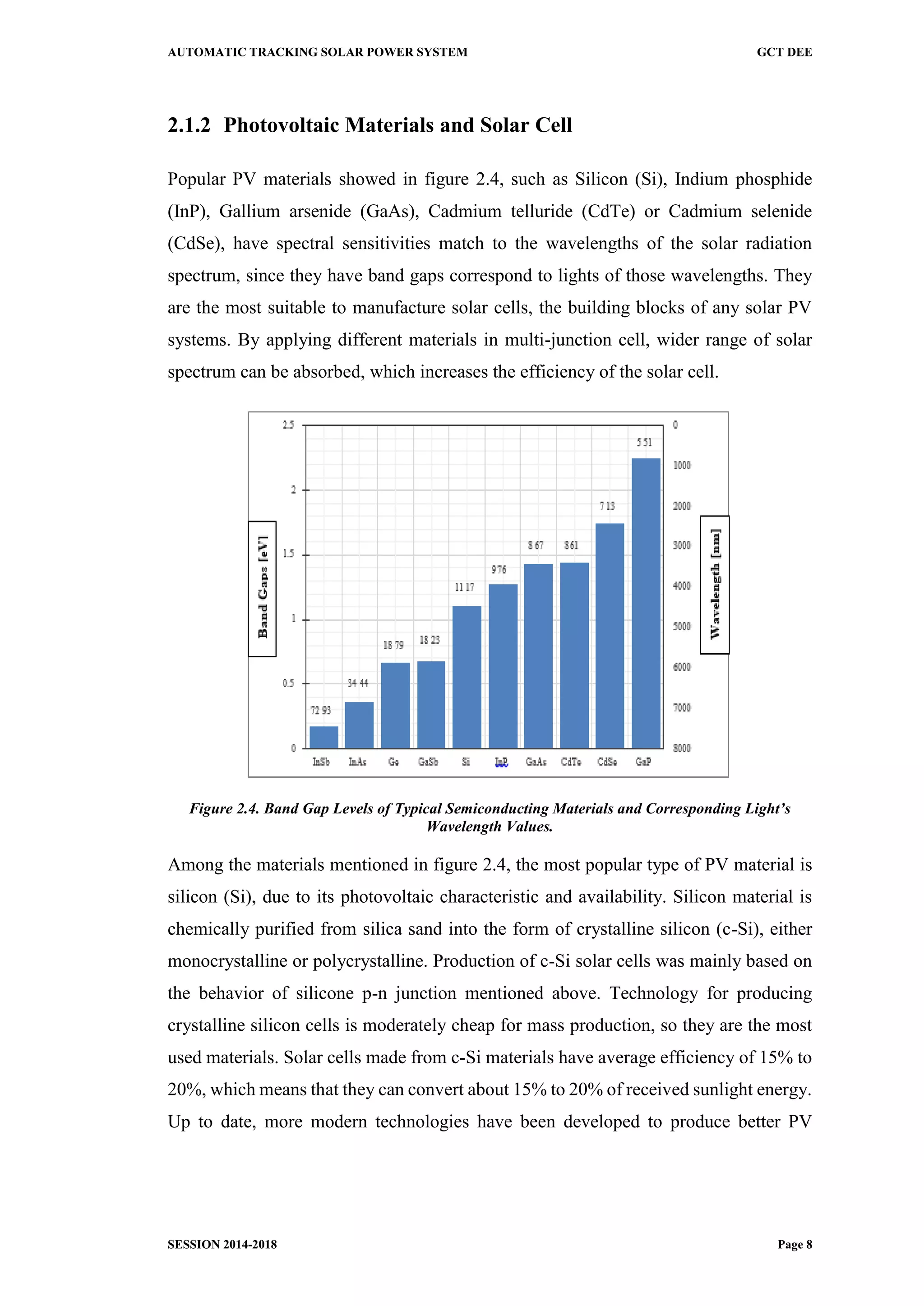 AUTOMATIC TRACKING SOLAR POWER SYSTEM GCT DEE
SESSION 2014-2018 Page 8
2.1.2 Photovoltaic Materials and Solar Cell
Popular PV materials showed in figure 2.4, such as Silicon (Si), Indium phosphide
(InP), Gallium arsenide (GaAs), Cadmium telluride (CdTe) or Cadmium selenide
(CdSe), have spectral sensitivities match to the wavelengths of the solar radiation
spectrum, since they have band gaps correspond to lights of those wavelengths. They
are the most suitable to manufacture solar cells, the building blocks of any solar PV
systems. By applying different materials in multi-junction cell, wider range of solar
spectrum can be absorbed, which increases the efficiency of the solar cell.
Figure 2.4. Band Gap Levels of Typical Semiconducting Materials and Corresponding Light’s
Wavelength Values.
Among the materials mentioned in figure 2.4, the most popular type of PV material is
silicon (Si), due to its photovoltaic characteristic and availability. Silicon material is
chemically purified from silica sand into the form of crystalline silicon (c-Si), either
monocrystalline or polycrystalline. Production of c-Si solar cells was mainly based on
the behavior of silicone p-n junction mentioned above. Technology for producing
crystalline silicon cells is moderately cheap for mass production, so they are the most
used materials. Solar cells made from c-Si materials have average efficiency of 15% to
20%, which means that they can convert about 15% to 20% of received sunlight energy.
Up to date, more modern technologies have been developed to produce better PV
 