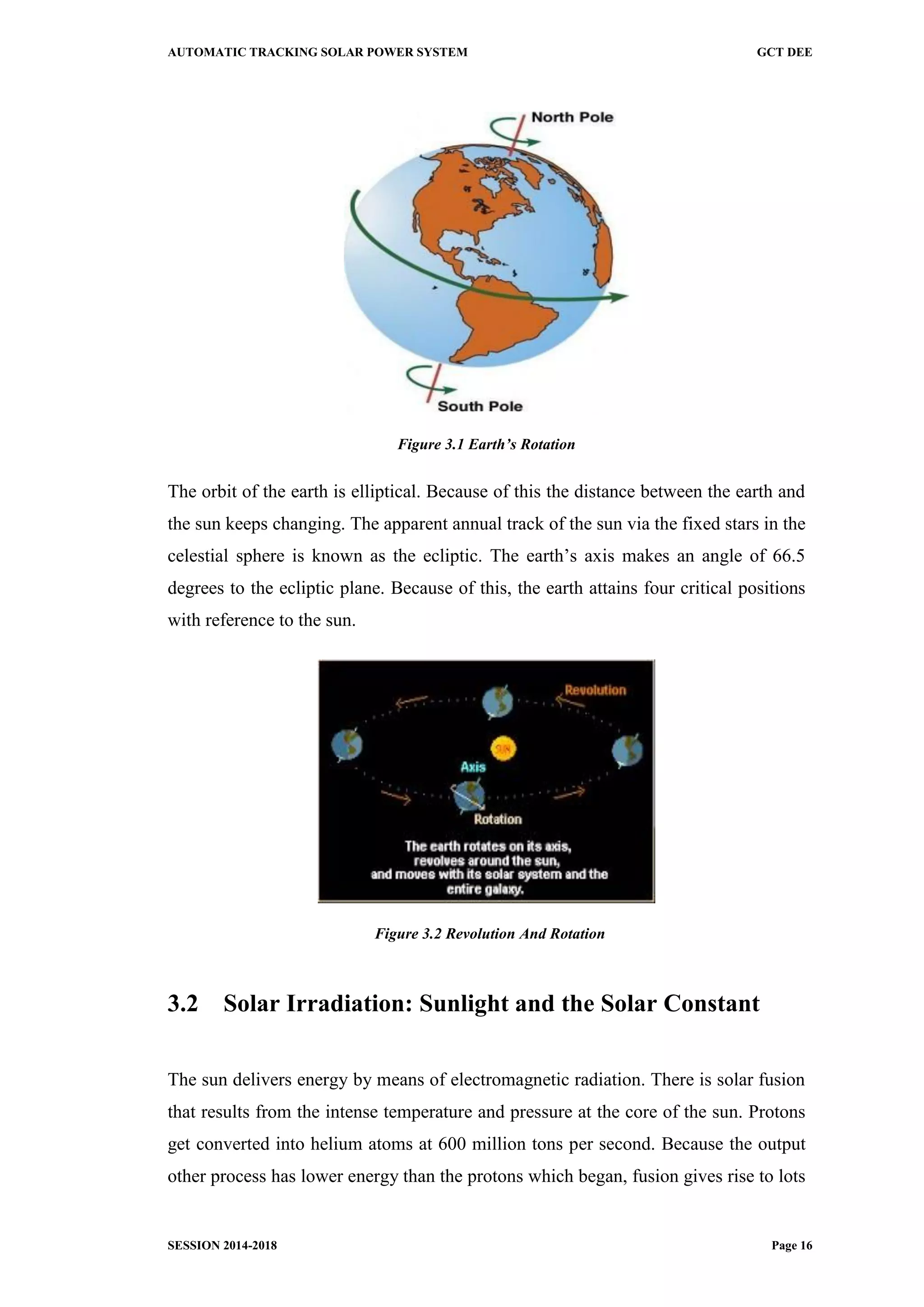 AUTOMATIC TRACKING SOLAR POWER SYSTEM GCT DEE
SESSION 2014-2018 Page 16
Figure 3.1 Earth’s Rotation
The orbit of the earth is elliptical. Because of this the distance between the earth and
the sun keeps changing. The apparent annual track of the sun via the fixed stars in the
celestial sphere is known as the ecliptic. The earth’s axis makes an angle of 66.5
degrees to the ecliptic plane. Because of this, the earth attains four critical positions
with reference to the sun.
Figure 3.2 Revolution And Rotation
3.2 Solar Irradiation: Sunlight and the Solar Constant
The sun delivers energy by means of electromagnetic radiation. There is solar fusion
that results from the intense temperature and pressure at the core of the sun. Protons
get converted into helium atoms at 600 million tons per second. Because the output
other process has lower energy than the protons which began, fusion gives rise to lots
 