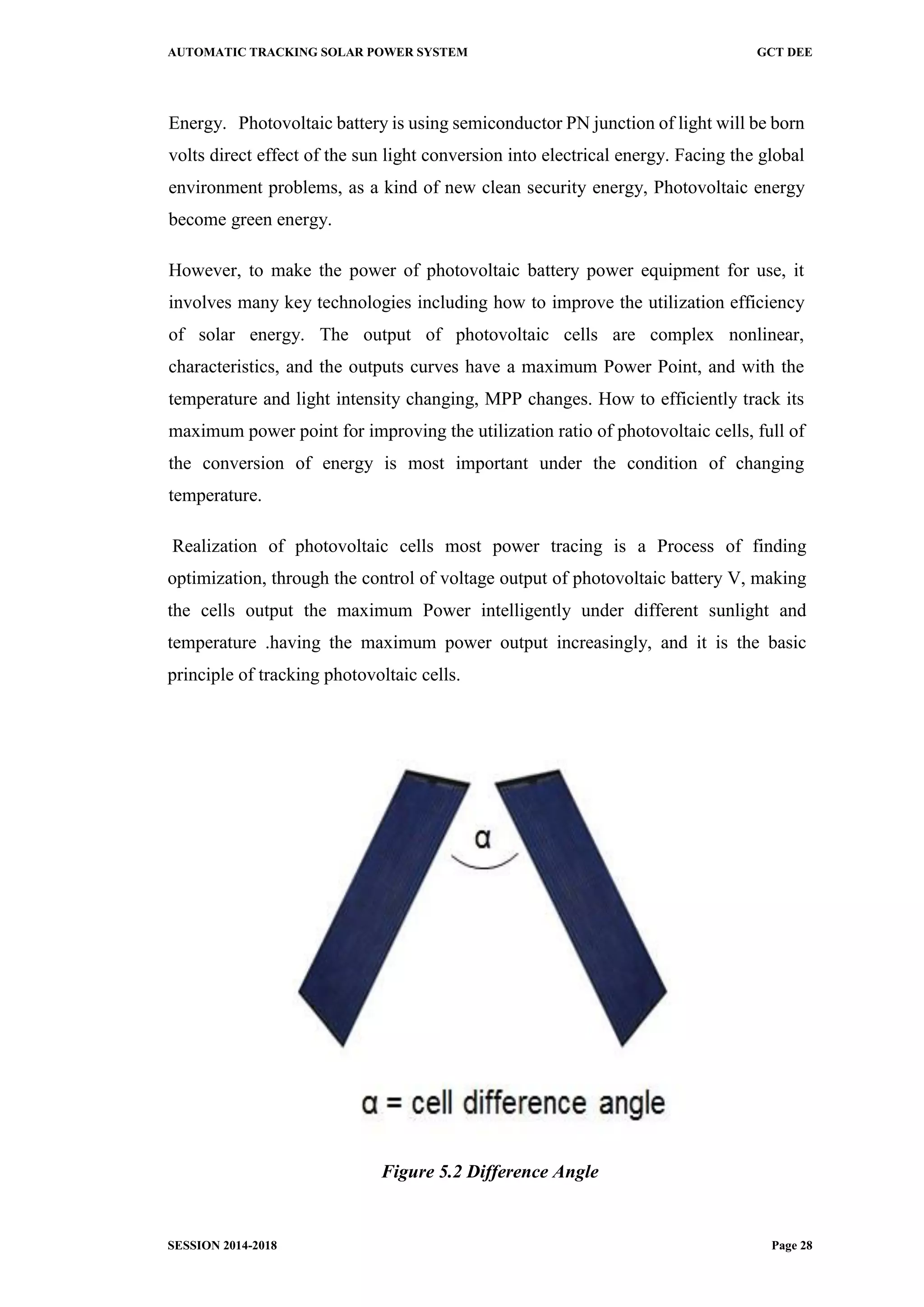 AUTOMATIC TRACKING SOLAR POWER SYSTEM GCT DEE
SESSION 2014-2018 Page 28
Energy. Photovoltaic battery is using semiconductor PN junction of light will be born
volts direct effect of the sun light conversion into electrical energy. Facing the global
environment problems, as a kind of new clean security energy, Photovoltaic energy
become green energy.
However, to make the power of photovoltaic battery power equipment for use, it
involves many key technologies including how to improve the utilization efficiency
of solar energy. The output of photovoltaic cells are complex nonlinear,
characteristics, and the outputs curves have a maximum Power Point, and with the
temperature and light intensity changing, MPP changes. How to efficiently track its
maximum power point for improving the utilization ratio of photovoltaic cells, full of
the conversion of energy is most important under the condition of changing
temperature.
Realization of photovoltaic cells most power tracing is a Process of finding
optimization, through the control of voltage output of photovoltaic battery V, making
the cells output the maximum Power intelligently under different sunlight and
temperature .having the maximum power output increasingly, and it is the basic
principle of tracking photovoltaic cells.
Figure 5.2 Difference Angle
 
