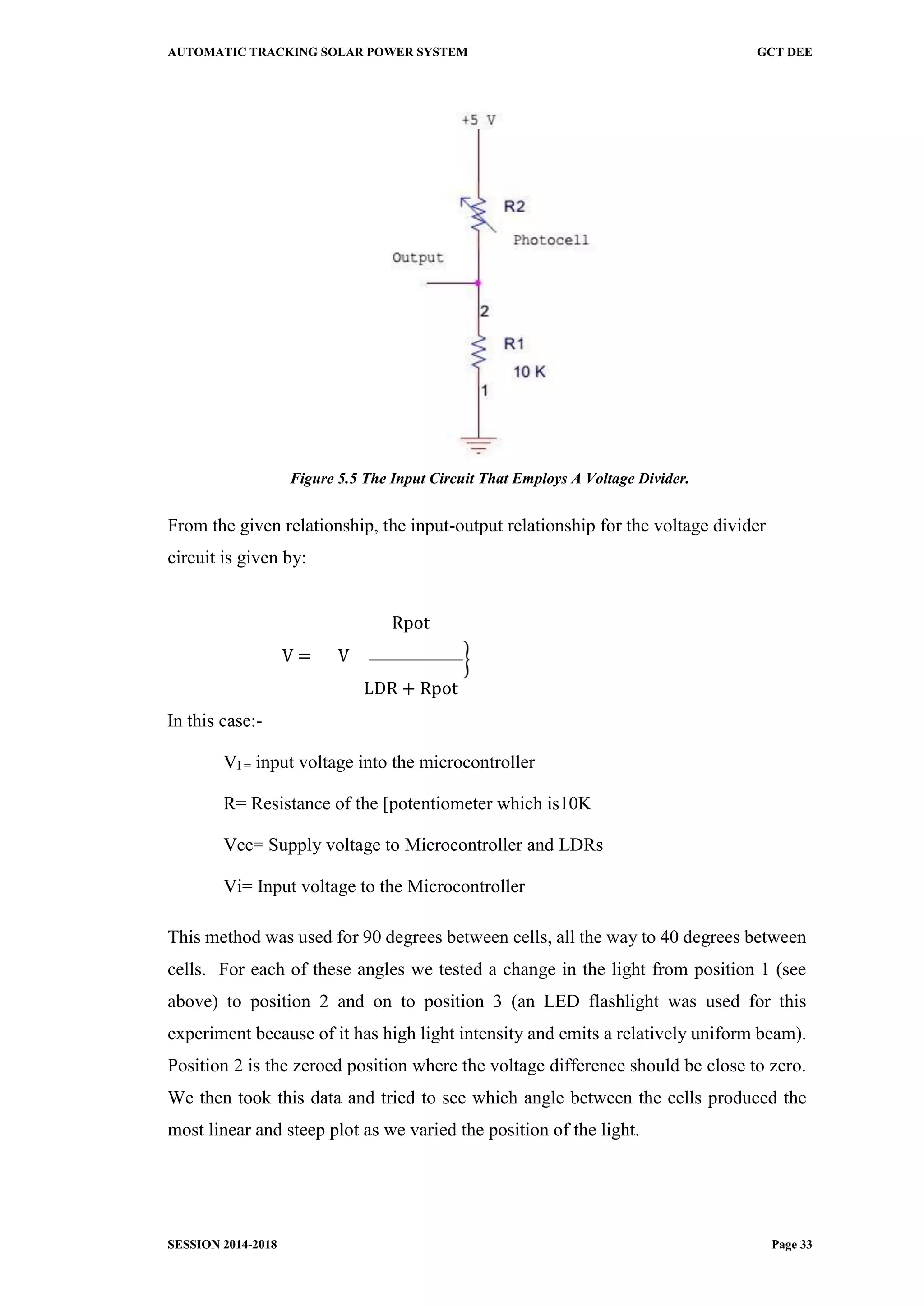 AUTOMATIC TRACKING SOLAR POWER SYSTEM GCT DEE
SESSION 2014-2018 Page 33
Figure 5.5 The Input Circuit That Employs A Voltage Divider.
From the given relationship, the input-output relationship for the voltage divider
circuit is given by:
Rpot
V = V
LDR + Rpot
In this case:-
VI = input voltage into the microcontroller
R= Resistance of the [potentiometer which is10K
Vcc= Supply voltage to Microcontroller and LDRs
Vi= Input voltage to the Microcontroller
This method was used for 90 degrees between cells, all the way to 40 degrees between
cells. For each of these angles we tested a change in the light from position 1 (see
above) to position 2 and on to position 3 (an LED flashlight was used for this
experiment because of it has high light intensity and emits a relatively uniform beam).
Position 2 is the zeroed position where the voltage difference should be close to zero.
We then took this data and tried to see which angle between the cells produced the
most linear and steep plot as we varied the position of the light.
 