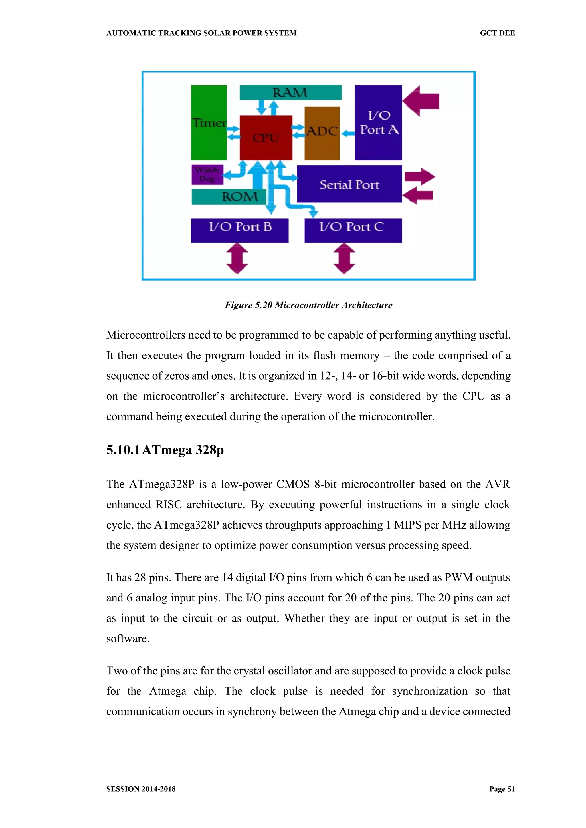 AUTOMATIC TRACKING SOLAR POWER SYSTEM GCT DEE
SESSION 2014-2018 Page 51
Figure 5.20 Microcontroller Architecture
Microcontrollers need to be programmed to be capable of performing anything useful.
It then executes the program loaded in its flash memory – the code comprised of a
sequence of zeros and ones. It is organized in 12-, 14- or 16-bit wide words, depending
on the microcontroller’s architecture. Every word is considered by the CPU as a
command being executed during the operation of the microcontroller.
5.10.1ATmega 328p
The ATmega328P is a low-power CMOS 8-bit microcontroller based on the AVR
enhanced RISC architecture. By executing powerful instructions in a single clock
cycle, the ATmega328P achieves throughputs approaching 1 MIPS per MHz allowing
the system designer to optimize power consumption versus processing speed.
It has 28 pins. There are 14 digital I/O pins from which 6 can be used as PWM outputs
and 6 analog input pins. The I/O pins account for 20 of the pins. The 20 pins can act
as input to the circuit or as output. Whether they are input or output is set in the
software.
Two of the pins are for the crystal oscillator and are supposed to provide a clock pulse
for the Atmega chip. The clock pulse is needed for synchronization so that
communication occurs in synchrony between the Atmega chip and a device connected
 