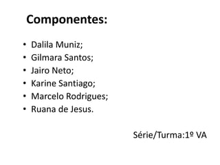 Componentes:Dalila Muniz;Gilmara Santos;Jairo Neto;Karine Santiago;Marcelo Rodrigues;Ruana de Jesus.Série/Turma:1º VA 