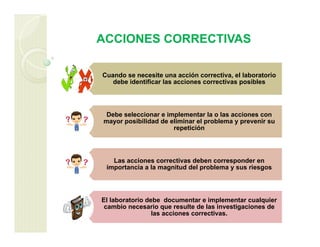 ACCIONES CORRECTIVAS
Cuando se necesite una acción correctiva, el laboratorio
debe identificar las acciones correctivas posibles
Debe seleccionar e implementar la o las acciones con
mayor posibilidad de eliminar el problema y prevenir su
repetición
Las acciones correctivas deben corresponder en
importancia a la magnitud del problema y sus riesgos
El laboratorio debe documentar e implementar cualquier
cambio necesario que resulte de las investigaciones de
las acciones correctivas.
 