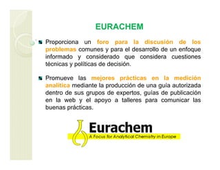 EURACHEM
Proporciona un foro para la discusión de los
problemas comunes y para el desarrollo de un enfoque
informado y considerado que considera cuestiones
técnicas y políticas de decisión.
Promueve las mejores prácticas en la medición
analítica mediante la producción de una guía autorizada
dentro de sus grupos de expertos, guías de publicación
en la web y el apoyo a talleres para comunicar las
buenas prácticas.
 