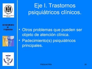 Eje I. Trastornos psiquiátricos clínicos. Otros problemas que pueden ser objeto de atención clínica. Padecimiento(s) psiquiátricos principales. 