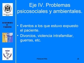 Eje IV. Problemas psicosociales y ambientales. Eventos a los que estuvo expuesto el paciente. Divorcios, violencia intrafamiliar, guerras, etc. 