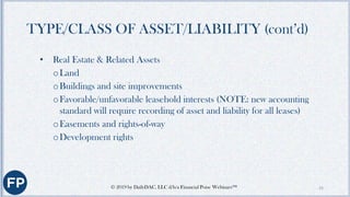 TYPE/CLASS OF ASSET/LIABILITY (cont’d)
• Personal Property & Related Assets
oMachinery, equipment, furniture, fixtures, et...