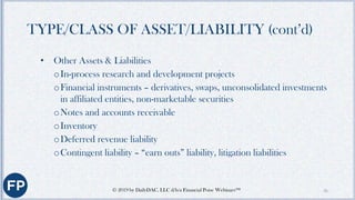 TYPE/CLASS OF ASSET/LIABILITY (cont’d)
• Intangible assets
oTechnology-based (including intellectual property) – patents,
...