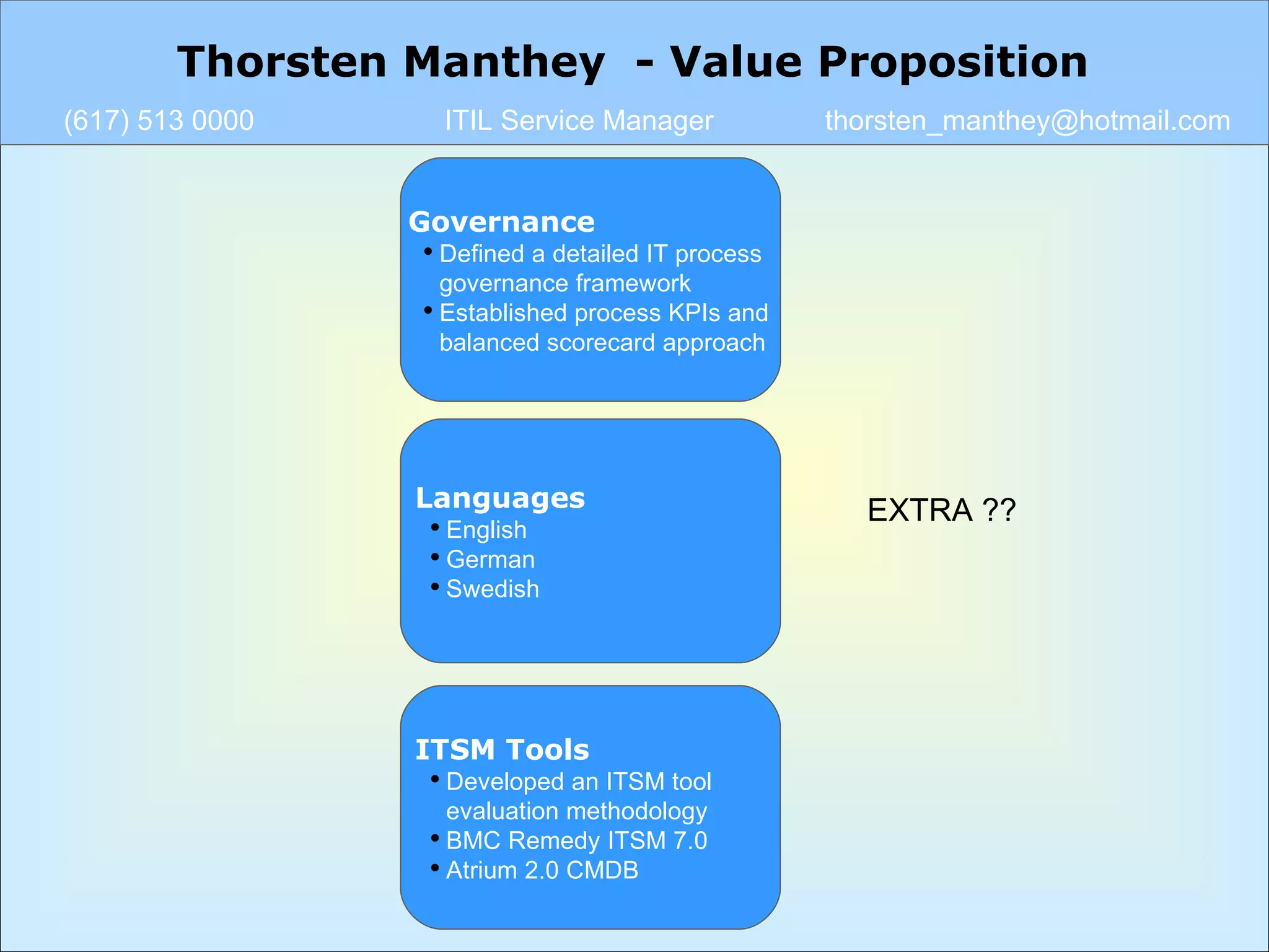 Governance Defined a detailed IT process  governance framework Established process KPIs and balanced scorecard approach  Languages English German Swedish ITSM Tools Developed an ITSM tool  evaluation methodology BMC Remedy ITSM 7.0 Atrium 2.0 CMDB EXTRA ?? Thorsten Manthey  - Value Proposition (617) 513 0000 ITIL Service Manager [email_address] 