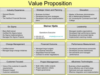 Value Proposition Steinar Hjelle Operations Executive H: 860-404-187  [email_address] C: 860-986-9915 ,[object Object],[object Object],[object Object],[object Object],[object Object],[object Object],[object Object],[object Object],[object Object],[object Object],[object Object],[object Object],[object Object],[object Object],[object Object],[object Object],[object Object],[object Object],[object Object],[object Object],[object Object],[object Object],[object Object],[object Object],[object Object],[object Object],[object Object],[object Object],[object Object],[object Object],[object Object],[object Object],[object Object],[object Object],[object Object],[object Object],[object Object],[object Object],[object Object],[object Object],[object Object],[object Object],[object Object],[object Object],[object Object],[object Object],[object Object],[object Object],[object Object],[object Object],[object Object]