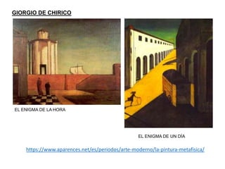 EL ENIGMA DE LA HORA
EL ENIGMA DE UN DÍA
GIORGIO DE CHIRICO
https://www.aparences.net/es/periodos/arte-moderno/la-pintura-metafisica/
 