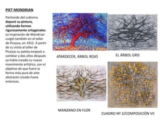 PIET MONDRIAN
Partiendo del cubismo
depuró su pintura,
utilizando formas
rigurosamente ortogonales.
La inspiración de Mondrian
surgió también en el taller
de Picasso, en 1912. A partir
de su visita al taller de
Picasso su paleta empezó a
cambiar y dos años después
ya había creado su nuevo
movimiento artístico, con el
objetivo de que fuera la
forma más pura de arte
abstracto creado hasta
entonces.
ATARDECER, ÁRBOL ROJO EL ÁRBOL GRIS
MANZANO EN FLOR
CUADRO Nº 2/COMPOSICIÓN VII
 