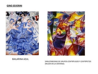 GINO SEVERINI
BAILARINA AZUL
SIMULTANEIDAD DE GRUPOS CENTRÍFUGOS Y CENTRÍPETOS
(MUJER EN LA VENTANA)
 