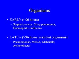 Organisms
• EARLY (<96 hours)
– Staphylococcus, Strep pneumonia,
Haemophilus influenza
• LATE – (>96 hours, resistant organisms)
– Pseudomonas, MRSA, Klebsiella,
Acinetobacter
 