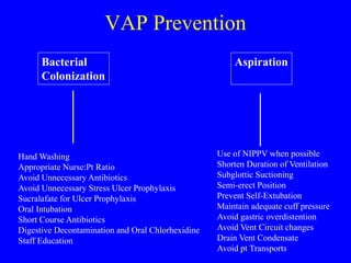VAP Prevention
Hand Washing
Appropriate Nurse:Pt Ratio
Avoid Unnecessary Antibiotics
Avoid Unnecessary Stress Ulcer Prophylaxis
Sucralafate for Ulcer Prophylaxis
Oral Intubation
Short Course Antibiotics
Digestive Decontamination and Oral Chlorhexidine
Staff Education
Use of NIPPV when possible
Shorten Duration of Ventilation
Subglottic Suctioning
Semi-erect Position
Prevent Self-Extubation
Maintain adequate cuff pressure
Avoid gastric overdistention
Avoid Vent Circuit changes
Drain Vent Condensate
Avoid pt Transports
Bacterial
Colonization
Aspiration
 