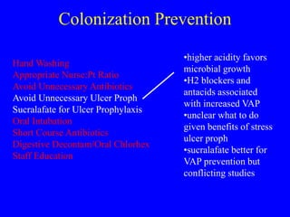 Colonization Prevention
Hand Washing
Appropriate Nurse:Pt Ratio
Avoid Unnecessary Antibiotics
Avoid Unnecessary Ulcer Proph
Sucralafate for Ulcer Prophylaxis
Oral Intubation
Short Course Antibiotics
Digestive Decontam/Oral Chlorhex
Staff Education
•higher acidity favors
microbial growth
•H2 blockers and
antacids associated
with increased VAP
•unclear what to do
given benefits of stress
ulcer proph
•sucralafate better for
VAP prevention but
conflicting studies
 