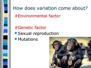 How does variation come about?
#Environmental factor
#Genetic factor
 Sexual reproduction
 Mutations
 