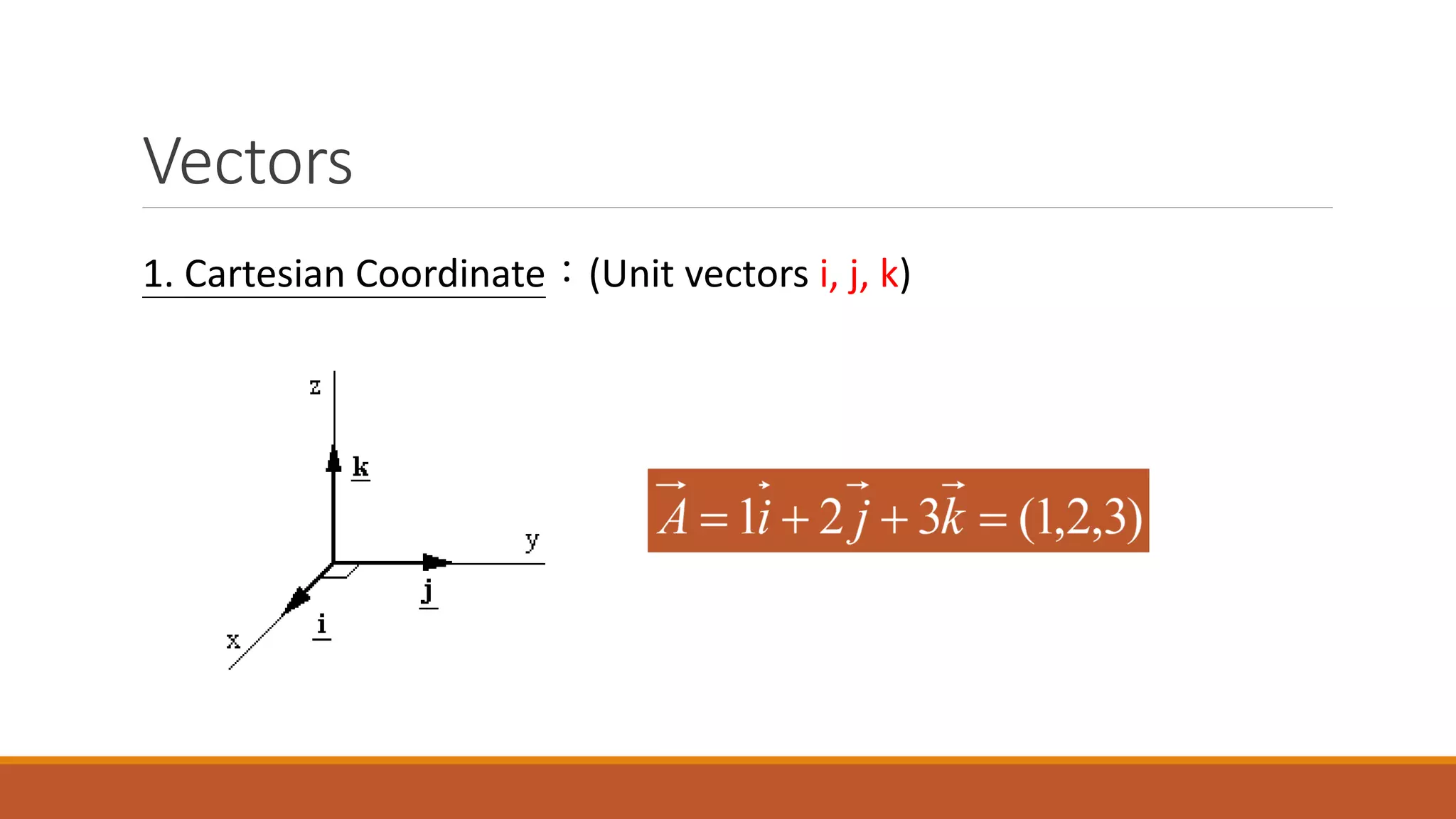 Vectors
1. Cartesian Coordinate:(Unit vectors i, j, k)