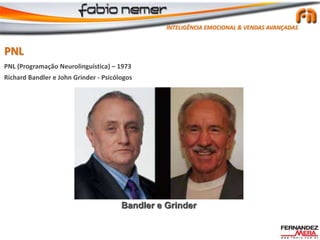 PNL (Programação Neurolinguística) – 1973
Richard Bandler e John Grinder - Psicólogos
PNL
Bandler e Grinder
INTELIGÊNCIA EMOCIONAL & VENDAS AVANÇADAS
 