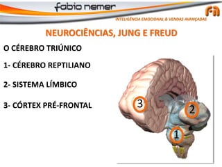 O CÉREBRO TRIÚNICO
1- CÉREBRO REPTILIANO
2- SISTEMA LÍMBICO
3- CÓRTEX PRÉ-FRONTAL
NEUROCIÊNCIAS, JUNG E FREUD
1
23
INTELIGÊNCIA EMOCIONAL & VENDAS AVANÇADAS
 