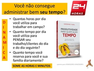 Você não consegue
administrar bem seu tempo?
palestra para VENDEDORES VENCEDORES
14
• Quantas horas por dia
você utiliza para
trabalhar em campo?
• Quanto tempo por dia
você utiliza para
PENSAR seu
trabalho/clientes do dia
e do dia seguinte?
• Quanto tempo você
reserva para você e sua
família diariamente?
D
I
N
A
M
I
C
A
SOME AS HORAS E MINUTOS
 