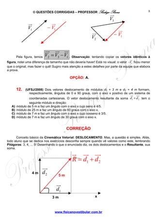 © QUESTÕES CORRIGIDAS – PROFESSOR Rodrigo Penna
www.fisicanovestibular.com.br
8
Pela figura, temos 2 3 1V V V= − . Observação: tentando copiar os vetores idênticos à
figura, notei uma diferença de tamanho que não deveria haver! Está no visual: o vetor 1V− ficou menor
que o original, mas fazer o quê! Sugiro mais atenção a estes detalhes por parte da equipe que elabora
a prova.
OPÇÃO: A.
12. (UFSJ/2008) Dois vetores deslocamento de módulos d1 = 3 m e d2 = 4 m formam,
respectivamente, ângulos de 0 e 90 graus, com o eixo x positivo de um sistema de
coordenadas cartesianas. O vetor deslocamento resultante da soma 1 2d d+ tem o
seguinte módulo e direção:
A) módulo de 5 m e faz um ângulo com o eixo x cujo seno é 4/5.
B) módulo de 25 m e faz um ângulo de 60 graus com o eixo x.
C) módulo de 7 m e faz um ângulo com o eixo x cujo cosseno é 3/5.
D) módulo de 7 m e faz um ângulo de 30 graus com o eixo x.
CORREÇÃO
Conceito básico da Cinemática Vetorial: DESLOCAMENTO. Mas, a questão é simples. Aliás,
todo aluno que se dedica nos exercícios desconfia sempre quando vê valores como este, lembrando
Pitágoras: 3, 4, ... 5! Desenhando o que o enunciado diz, os dois deslocamentos e o Resultante, sua
soma.
1V
3V
2V
1V−
1V−
1d
2d
1 2R d d= +
3 m
4 m
5 m
x
 