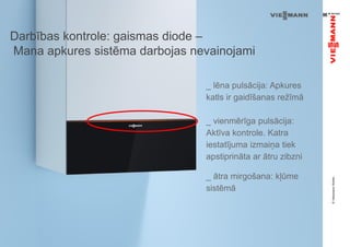©ViessmannWerke
Darbības kontrole: gaismas diode –
Mana apkures sistēma darbojas nevainojami
_ lēna pulsācija: Apkures
katls ir gaidīšanas režīmā
_ vienmērīga pulsācija:
Aktīva kontrole. Katra
iestatījuma izmaiņa tiek
apstiprināta ar ātru zibzni
_ ātra mirgošana: kļūme
sistēmā
 