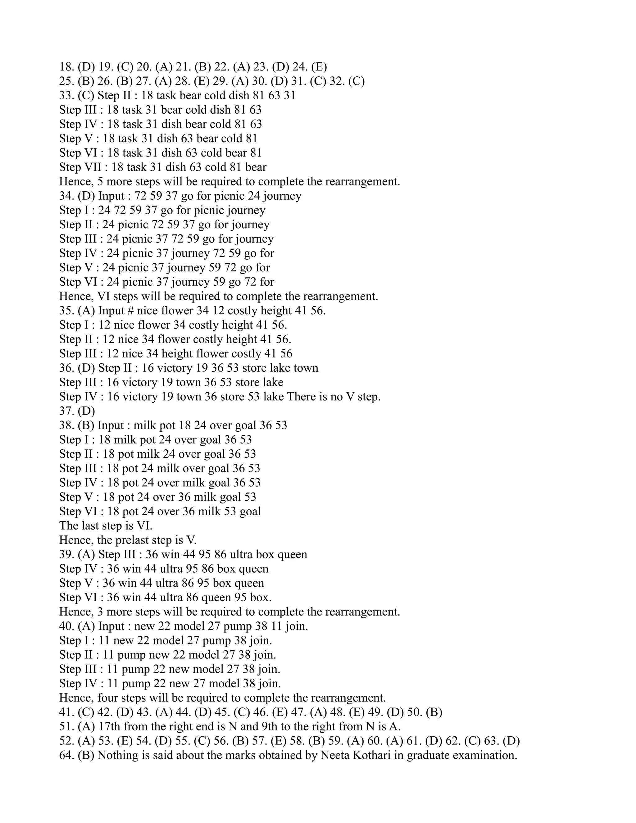 18. (D) 19. (C) 20. (A) 21. (B) 22. (A) 23. (D) 24. (E)
25. (B) 26. (B) 27. (A) 28. (E) 29. (A) 30. (D) 31. (C) 32. (C)
33. (C) Step II : 18 task bear cold dish 81 63 31
Step III : 18 task 31 bear cold dish 81 63
Step IV : 18 task 31 dish bear cold 81 63
Step V : 18 task 31 dish 63 bear cold 81
Step VI : 18 task 31 dish 63 cold bear 81
Step VII : 18 task 31 dish 63 cold 81 bear
Hence, 5 more steps will be required to complete the rearrangement.
34. (D) Input : 72 59 37 go for picnic 24 journey
Step I : 24 72 59 37 go for picnic journey
Step II : 24 picnic 72 59 37 go for journey
Step III : 24 picnic 37 72 59 go for journey
Step IV : 24 picnic 37 journey 72 59 go for
Step V : 24 picnic 37 journey 59 72 go for
Step VI : 24 picnic 37 journey 59 go 72 for
Hence, VI steps will be required to complete the rearrangement.
35. (A) Input # nice flower 34 12 costly height 41 56.
Step I : 12 nice flower 34 costly height 41 56.
Step II : 12 nice 34 flower costly height 41 56.
Step III : 12 nice 34 height flower costly 41 56
36. (D) Step II : 16 victory 19 36 53 store lake town
Step III : 16 victory 19 town 36 53 store lake
Step IV : 16 victory 19 town 36 store 53 lake There is no V step.
37. (D)
38. (B) Input : milk pot 18 24 over goal 36 53
Step I : 18 milk pot 24 over goal 36 53
Step II : 18 pot milk 24 over goal 36 53
Step III : 18 pot 24 milk over goal 36 53
Step IV : 18 pot 24 over milk goal 36 53
Step V : 18 pot 24 over 36 milk goal 53
Step VI : 18 pot 24 over 36 milk 53 goal
The last step is VI.
Hence, the prelast step is V.
39. (A) Step III : 36 win 44 95 86 ultra box queen
Step IV : 36 win 44 ultra 95 86 box queen
Step V : 36 win 44 ultra 86 95 box queen
Step VI : 36 win 44 ultra 86 queen 95 box.
Hence, 3 more steps will be required to complete the rearrangement.
40. (A) Input : new 22 model 27 pump 38 11 join.
Step I : 11 new 22 model 27 pump 38 join.
Step II : 11 pump new 22 model 27 38 join.
Step III : 11 pump 22 new model 27 38 join.
Step IV : 11 pump 22 new 27 model 38 join.
Hence, four steps will be required to complete the rearrangement.
41. (C) 42. (D) 43. (A) 44. (D) 45. (C) 46. (E) 47. (A) 48. (E) 49. (D) 50. (B)
51. (A) 17th from the right end is N and 9th to the right from N is A.
52. (A) 53. (E) 54. (D) 55. (C) 56. (B) 57. (E) 58. (B) 59. (A) 60. (A) 61. (D) 62. (C) 63. (D)
64. (B) Nothing is said about the marks obtained by Neeta Kothari in graduate examination.
 