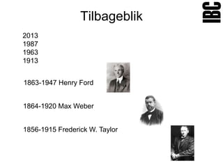Tilbageblik
2013
1987
1963
1913


1863-1947 Henry Ford


1864-1920 Max Weber


1856-1915 Frederick W. Taylor
 