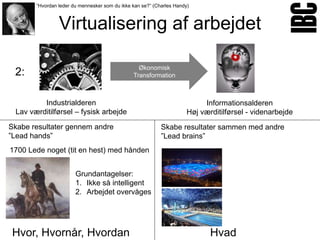 ”Hvordan leder du mennesker som du ikke kan se?” (Charles Handy)



                Virtualisering af arbejdet

                                                 Økonomisk
 2:                                            Transformation



         Industrialderen                                                   Informationsalderen
 Lav værditilførsel – fysisk arbejde                                  Høj værditilførsel - videnarbejde
Skabe resultater gennem andre                              Skabe resultater sammen med andre
”Lead hands”                                               ”Lead brains”
1700 Lede noget (tit en hest) med hånden


                       Grundantagelser:
                       1. Ikke så intelligent
                       2. Arbejdet overvåges




Hvor, Hvornår, Hvordan                                                       Hvad
 