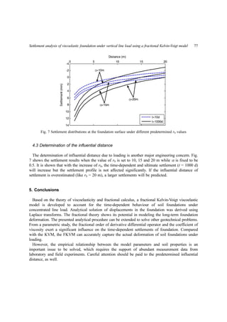 Settlement analysis of viscoelastic foundation under vertical line load using a fractional Kelvin-Voigt model 77
4.3 Determination of the influential distance
The determination of influential distance due to loading is another major engineering concern. Fig.
7 shows the settlement results when the value of r0 is set to 10, 15 and 20 m while α is fixed to be
0.5. It is shown that with the increase of r0, the time-dependent and ultimate settlement (t = 1000 d)
will increase but the settlement profile is not affected significantly. If the influential distance of
settlement is overestimated (like r0 = 20 m), a larger settlements will be predicted.
5. Conclusions
Based on the theory of viscoelasticity and fractional calculus, a fractional Kelvin-Voigt viscoelastic
model is developed to account for the time-dependent behaviour of soil foundations under
concentrated line load. Analytical solution of displacements in the foundation was derived using
Laplace transforms. The fractional theory shows its potential in modeling the long-term foundation
deformation. The presented analytical procedure can be extended to solve other geotechnical problems.
From a parametric study, the fractional order of derivative differential operator and the coefficient of
viscosity exert a significant influence on the time-dependent settlements of foundation. Compared
with the KVM, the FKVM can accurately capture the actual deformation of soil foundations under
loading.
However, the empirical relationship between the model parameters and soil properties is an
important issue to be solved, which requires the support of abundant measurement data from
laboratory and field experiments. Careful attention should be paid to the predetermined influential
distance, as well.
Fig. 7 Settlement distributions at the foundation surface under different predetermined r0 values
 