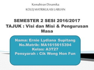 KemahiranDinamika
KOLEJMATRIKULASI LABUAN
SEMESTER 2 SESI 2016/2017
TAJUK : Visi dan Misi & Pengurusan
Masa
Nama: Ernie Ly...
