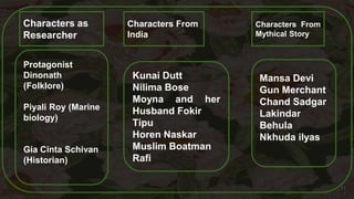 11
Characters as
Researcher
Protagonist
Dinonath
(Folklore)
Piyali Roy (Marine
biology)
Gia Cinta Schivan
(Historian)
Characters From
India
Kunai Dutt
Nilima Bose
Moyna and her
Husband Fokir
Tipu
Horen Naskar
Muslim Boatman
Rafi
Characters From
Mythical Story
Mansa Devi
Gun Merchant
Chand Sadgar
Lakindar
Behula
Nkhuda ilyas
 