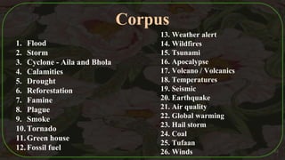 Corpus
1. Flood
2. Storm
3. Cyclone - Aila and Bhola
4. Calamities
5. Drought
6. Reforestation
7. Famine
8. Plague
9. Smoke
10.Tornado
11.Green house
12.Fossil fuel 43
13. Weather alert
14. Wildfires
15. Tsunami
16. Apocalypse
17. Volcano / Volcanics
18. Temperatures
19. Seismic
20. Earthquake
21. Air quality
22. Global warming
23. Hail storm
24. Coal
25. Tufaan
26. Winds
 