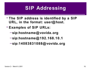 SIP Addressing The SIP address is identified by a SIP URL, in the format: user@host.  Examples of SIP URLs: sip:hostname@vovida.org sip:hostname@192.168.10.1 sip:14083831088@vovida.org 