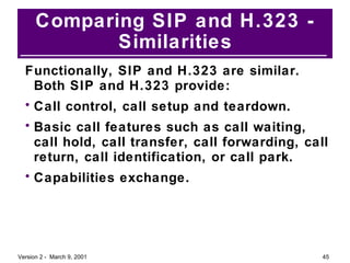 Comparing SIP and H.323 - Similarities Functionally, SIP and H.323 are similar. Both SIP and H.323 provide: Call control, call setup and teardown. Basic call features such as call waiting, call hold, call transfer, call forwarding, call return, call identification, or call park. Capabilities exchange. 
