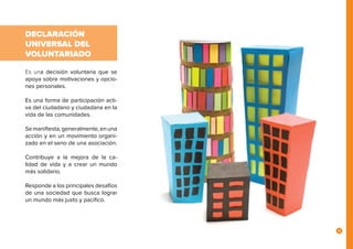 9
Es una decisión voluntaria que se
apoya sobre motivaciones y opcio-
nes personales.
Es una forma de participación acti-
va del ciudadano y ciudadana en la
vida de las comunidades.
Semanifiesta,generalmente,enuna
acción y en un movimiento organi-
zado en el seno de una asociación.
Contribuye a la mejora de la ca-
lidad de vida y a crear un mundo
más solidario.
Responde a los principales desafíos
de una sociedad que busca lograr
un mundo más justo y pacífico.
DECLARACIÓN
UNIVERSAL DEL
VOLUNTARIADO
 