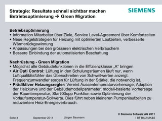 Strategie: Resultate schnell sichtbar machen Betriebsoptimierung    Green Migration  Betriebsoptimierung Information Mitarbeiter über Ziele, Service Level-Agreement über Komfortzeiten  Neue Regelstrategien für Heizung mit optimierten Laufzeiten, verbesserte Wärmerückgewinnung  Anpassungen bei den grösseren elektrischen Verbrauchern Bessere Einbindung der automatisierten Beschattung  Nachrüstung - Green Migration Möglichst alle Gebäudefunktionen in die Effizienzklasse „A“ bringen Air Opti Control:  Lüftung in den Schulungsräumen läuft nur, wenn Luftqualitätsfühler das Überschreiten von Schwellwerten anzeigt. Frequenzumwandler sorgen für Lüftung in der Stärke, die notwendig ist. Prädiktiver Heizungsregler:  Vereint Aussentemperaturvorhersage, Adaption der Heizkurve und der Gebäudemodellparameter, modell-basierte Vorhersage der Raumtemperatur, Start-Stopp Funktion sowie Optimierung der Vorlauftemperatur-Sollwerte. Dies führt neben kleineren Pumpenlaufzeiten zu reduziertem Heiz-Energieverbrauch. 