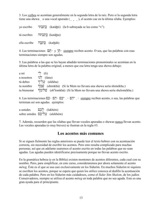 13
3. Los verbos se acentúan generalmente en la segunda letra de la raíz. Pero si la segunda letra
tiene una shewa ] o una vocal apurada ( } ? ,“ ), el acento cae en la última sílaba. Ejemplos:
yo escribo yTb]tæK; (katábti) (la b subrayada se lee como “v”)
tú escribes hTb]tæK; (katábta)
ella escribe hb;t]K; (katbáh)
4. Las terminaciones !T,- y @T,- siempre reciben acento. O sea, que las palabras con esas
terminaciones siempre son agudas.
5. Las palabras a las que se les hayan añadido terminaciones pronominales se acentúan en la
última letra de la palabra original, a menos que esa letra tenga una shewa debajo:
a mí yli (li)
a nosotros Wnlæ (lánu)
tú debes *yl,[; (alékha)
tu nombre *m]vi (shimkhá) (Si la Mem no llevara una shewa sería shimékha.)
tu bienestar *m]/lv] (she
lomkhá) (Si la Mem no llevara una shewa sería shelomékha.)
6. Las terminaciones !k,- !h,- !k,y e- !h,y e- siempre reciben acento, o sea, las palabras que
terminan así son agudas. ejemplos:
a ustedes !k,l;] (lakhém)
sobre ustedes !k,yle[} (alekhém)
7. Además, recuerden que las sílabas que llevan vocales apuradas o shewas nunca llevan acento.
Las vocales apuradas (o muy breves) se ilustran en la regla #3.
Los acentos más comunes
Si se siguen fielmente las reglas anteriores se puede leer el texto hebreo con su acentuación
correcta, sin necesidad de escribir los acentos. Pero esto resulta complicado para muchas
personas; así que en adelante usaremos el acento escrito en todas las palabras que no sean
agudas. Las agudas pueden identificarse precisamente porque no llevan acento escrito.
En la gramática hebrea (y en la Biblia) existen montones de acentos diferentes, cada cual con su
nombre. Pero, para simplificar, en este curso, consideraremos por ahora solamente el acento
méteg. âÉste es el que se usa casi exclusivamente en los Sidurím. En muchos Sidurím ni siquiera
se escriben los acentos, porque se espera que quien los utilice conozca al dedillo la acentuación
de cada palabra. Pero en los Sidurím más cuidadosos, como el Sidur Sim Shalom, de los judíos
Conservadores, siempre se utiliza el acento méteg en toda palabra que no sea aguda. Esto es una
gran ayuda para el principiante.
 