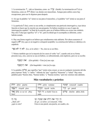 16
3. La terminación h : (ah) es femenina, como en hr:cæ (Saráh). La terminación en t (t) es
femenina, como en tWr (Rut). Las demás son masculinas. Aunque para ambos casos hay
excepciones; pero eso lo dejamos para después.
4. Así que la palabra “ze” (éste) se usa para el masculino, y la palabra “zot” (ésta) se usa para el
femenino.
5. La partícula h} (ha), como se usa arriba, es simplemente una partícula interrogativa, cuya única
función es hacer que la oración sea una pregunta. En hebreo moderno se usa el signo de
interrogación español ? al final de la oración, pero en el hebreo bíblico no existe este símbolo.
Hay otro hæ (ha) que significa “el” o “la”, pero la nikúd que lo acompaña es diferente, como
habrán notado.
6. Hay una forma negativa en hebreo que estudiaremos más adelante. Por ahora usaremos el
negativo alø (lo), que es un negativo coloquial aceptable. La construcción hebrea es idéntica a la
española:
rp,se alø hz≤ alø (Lo, ze lo séfer) = No, éste no es un libro.
7. Nótese también que en la mayoría de los casos el verbo “ser”, cuando está en su forma
presente (soy, eres, son) no se usa en hebreo, se sobreentiende, está implícito, pero no se escribe.
hs;p]Wq tazO (Zot qufsáh) = Ésta [es] una caja.
hs;p]Wqhæ tazO (Zot haqufsáh) = ésta [es] la caja.
8. La palabra !/lvæ que significa “paz” (entre otras cosas), se usa en cualquier momento del día
para expresar “hola,” o “adiós.” Además de “paz” significa “bienestar” y “salud.” Hay otras
palabras para “buenos días, “buenas tardes,” y “buenas noches,” pero las veremos más adelante.
Más vocabulario y práctica†
tl,d, délet puerta @/ljæ jalón ventana hn˛Wmt] temunáh cuadro
hP;x]yrI ritspáh piso hræq]ti tiqráh techo ryqi qir pared
daom] b/f tov me’ód ¡Muy
bien!
lKohæ hz“ ze hakól Eso es
todo
!/lvæ shalóm adiós, hola
hz≤ hmæ Wkw“ hn˛Wmt] tazO tl,d≤ taoz ryqi hz≤
¿Mah zéh? Ze qir, zot délet, zot temunáh, ve
khú.
¿qué es esto? Esta es una pared, una puerta, un cuadro, etc.
 