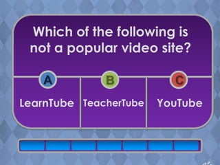 Which of the following is
 not a popular video site?

    A         B           C
LearnTube TeacherTube   YouTube
 