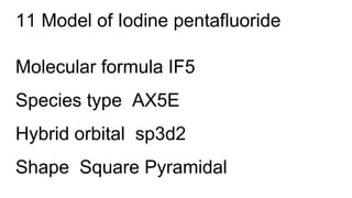 11 Model of Iodine pentafluoride
Molecular formula IF5
Species type AX5E
Hybrid orbital sp3d2
Shape Square Pyramidal
 