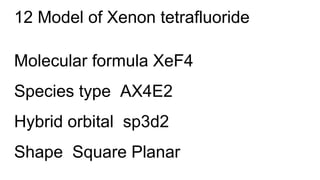 12 Model of Xenon tetrafluoride
Molecular formula XeF4
Species type AX4E2
Hybrid orbital sp3d2
Shape Square Planar
 